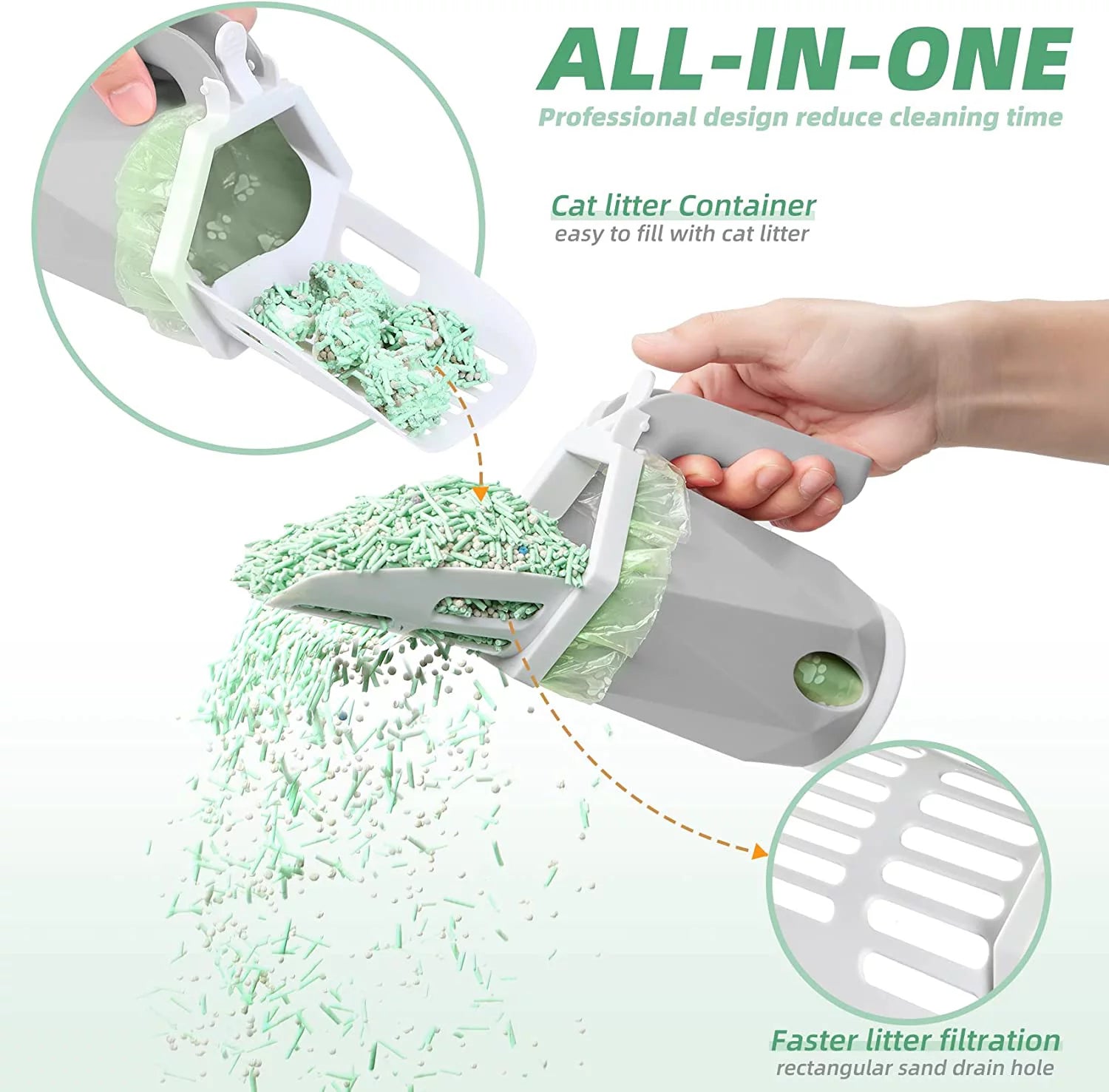 3-In-1 Cat Litter Scoop with Holdor - Large Portable Integrated Cat Litter Scooper with 200 Refill Bags Kitty Litter Scoop Shovel for 1~2 Cats or Kitten (Yellow)