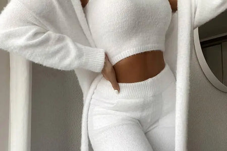 Fall Winter Fashion Women Sweater Pajamas Set Cozy Lounge Wear Fuzzy Fleece Sleepwear with Robe 3 Pieces Lounge Wear Sets