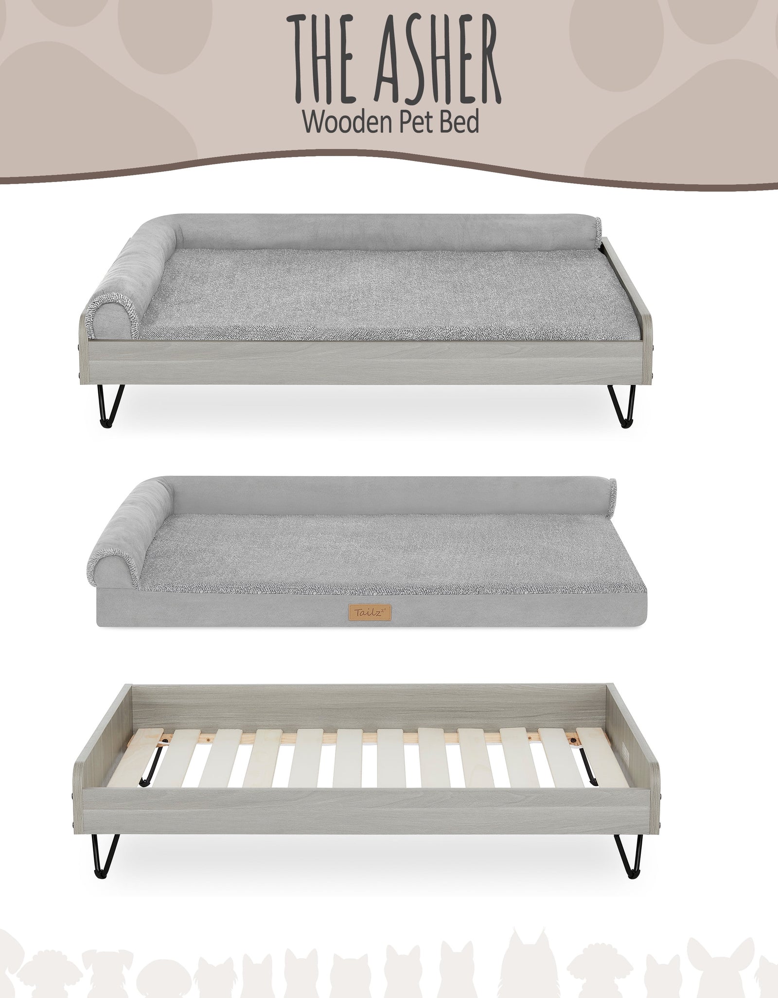Asher Wooden Pet Bed with Mattress | Large to Extra Large Pet Bed with Mattress | Elevated Pet Bed | Greenguard Gold Certified Wooden Pet Bed