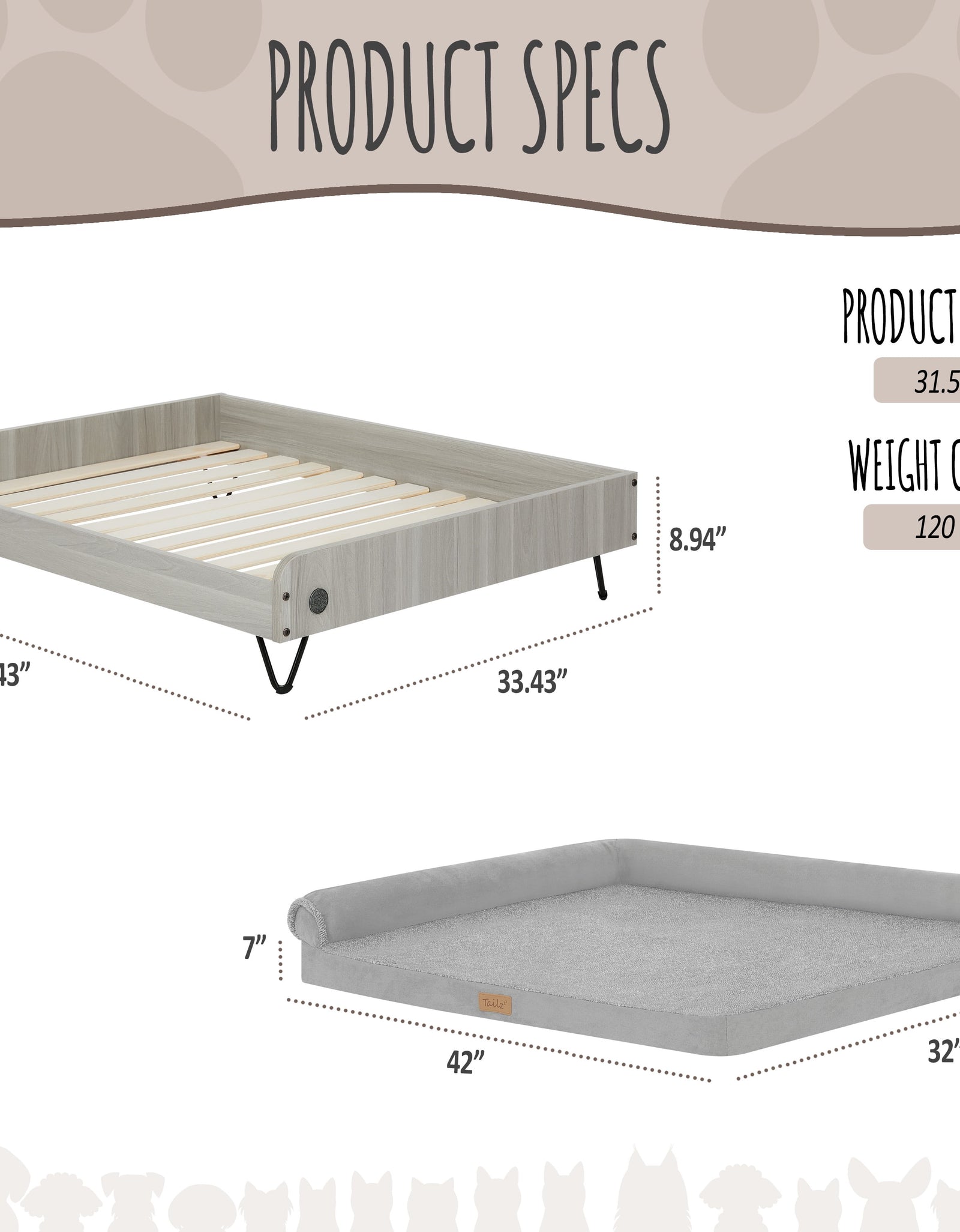 Asher Wooden Pet Bed with Mattress | Large to Extra Large Pet Bed with Mattress | Elevated Pet Bed | Greenguard Gold Certified Wooden Pet Bed