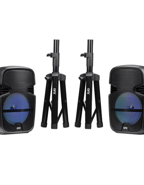 Load image into Gallery viewer, PBX-808TWS Dual 8-Inch Portable Bluetooth PA Speaker System with Stands, Wired Mics, Remotes, USB/FM/TWS/LED
