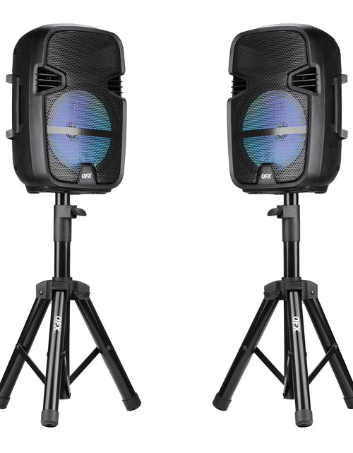 Load image into Gallery viewer, PBX-808TWS Dual 8-Inch Portable Bluetooth PA Speaker System with Stands, Wired Mics, Remotes, USB/FM/TWS/LED
