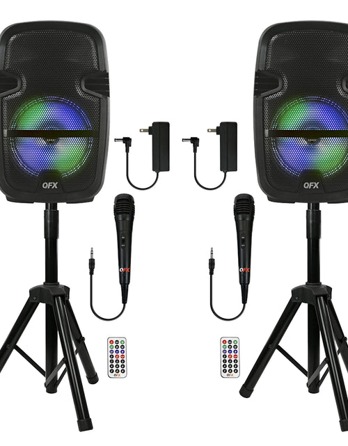 Load image into Gallery viewer, PBX-808TWS Dual 8-Inch Portable Bluetooth PA Speaker System with Stands, Wired Mics, Remotes, USB/FM/TWS/LED
