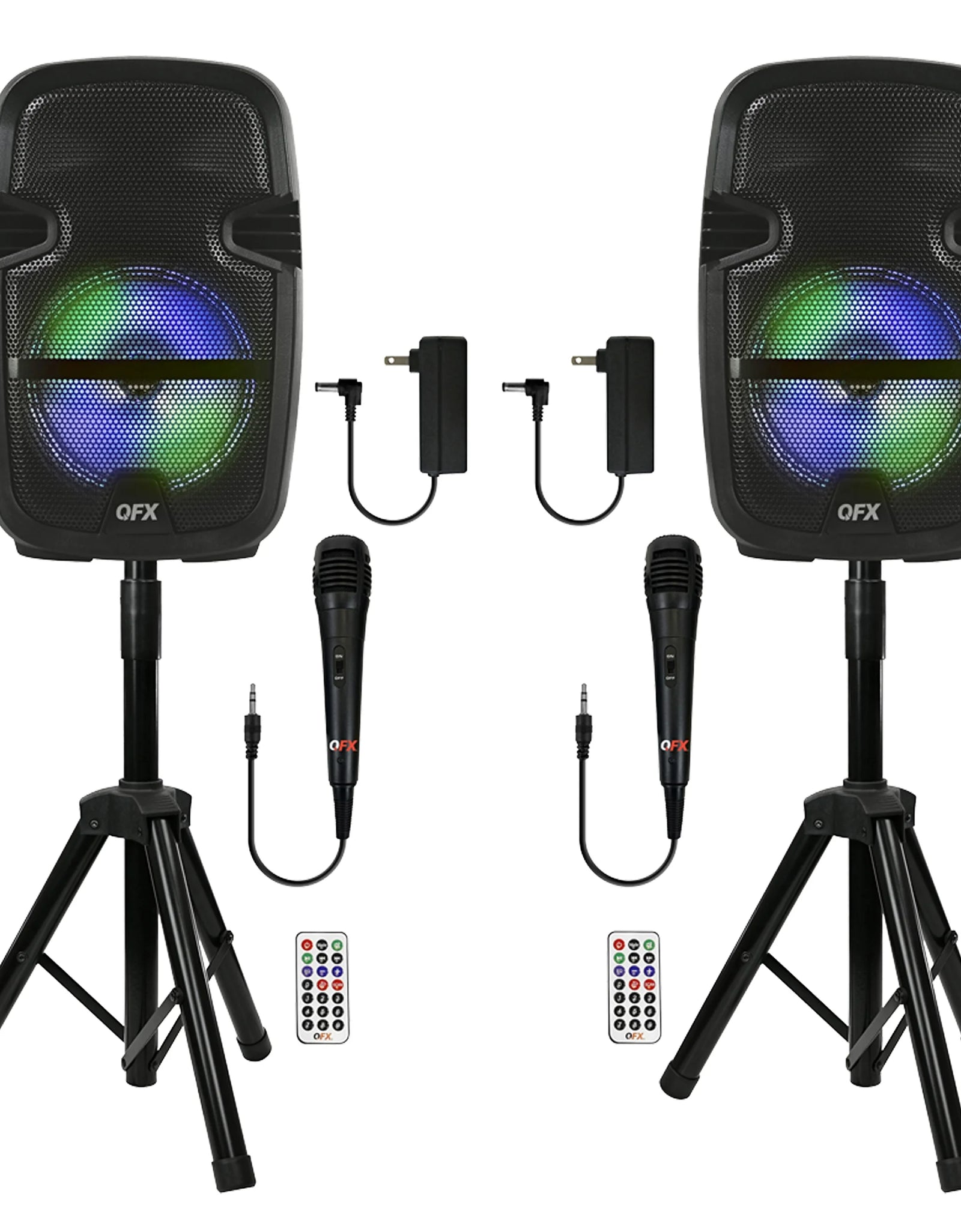 PBX-808TWS Dual 8-Inch Portable Bluetooth PA Speaker System with Stands, Wired Mics, Remotes, USB/FM/TWS/LED