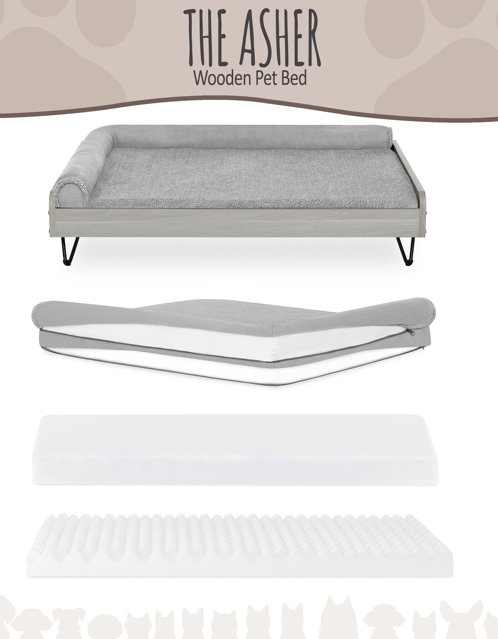 Asher Wooden Pet Bed with Mattress | Large to Extra Large Pet Bed with Mattress | Elevated Pet Bed | Greenguard Gold Certified Wooden Pet Bed